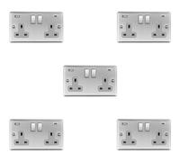 Loops 5 Pack 2 Gang Uk Plug Socket & 2X 3.1A Usb-C & A Satin Steel & Grey 13A Switch