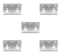 Loops 5 Pack 2 Gang Uk Plug Socket & 2X 3.1A Usb-C & A Satin Steel & White 13A Switch