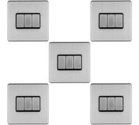 Loops 5 Pack 3 Gang Triple Light Switch Screwless Satin Steel 2 Way 10A Slim Rocker