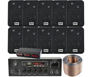 Loops 5 ZONE BLUETOOTH SPEAKER KIT - 10x Wall Mounted Black Speakers, 110W Mini Stereo Smart Home Amplifier, Splitter & Cable - Wireless HiFi Audio Music Sound System - Restaurant Bar Home