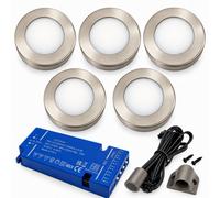 Loops 5X 24V Dimmable Aluminium Round Surface Mounted Led Under Cabinet Light And Driver Kit, 3 White Colours