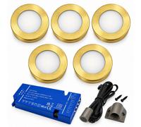 Loops 5X 24V Dimmable Brass Round Surface Mounted Led Under Cabinet Light And Driver Kit, 3 White Colours