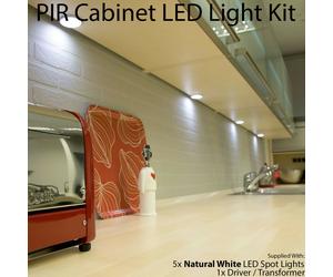 Loops 5x ALUMINIUM Ultra-Slim Round Under Cabinet Kitchen Light & Driver Kit - AUTO ON / Off-PIR - Natural White LED Loops White