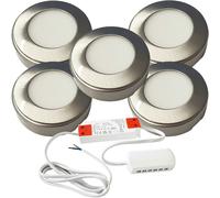 Loops 5x BRUSHED NICKEL Round Surface or Flush Under Cabinet Kitchen Light & Driver Kit - Warm White LED