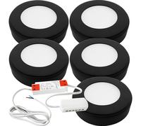Loops 5x MATT BLACK Round Surface or Flush Under Cabinet Kitchen Light & Driver Kit - Natural White LED