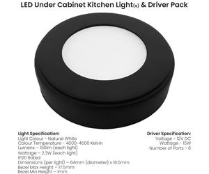 Loops 5x MATT BLACK Round Surface or Flush Under Cabinet Kitchen Light & Driver Kit - Natural White LED Loops Black