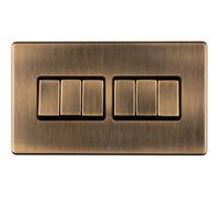 Loops 6 Gang Multi Light Switch Screwless Antique Brass 2 Way 10A Metal Rocker Slim