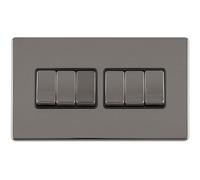 Loops 6 Gang Multi Light Switch Screwless Black Nickel 2 Way 10A Metal Rocker Slim