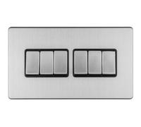Loops 6 Gang Multi Light Switch Screwless Satin Steel 2 Way 10A Metal Rocker Slim