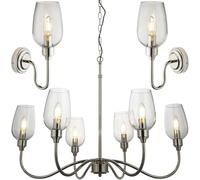 Loops 6 Light Hanging Ceiling Pendant & 2X Matching Wall Lights - Bright Nickel Clear Glass Shade - Dimmable Set
