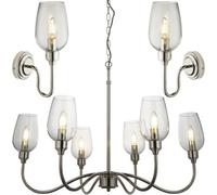 Loops 6 Light Hanging Ceiling Pendant & 2X Matching Wall Lights - Bright Nickel Clear Glass Shade - Dimmable Set