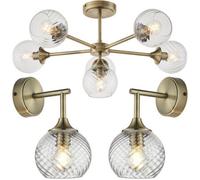 Loops 6 Light Semi Flush Ceiling & 2X Matching Wall Lights - Antique Brass Clear Spiral Patterned Shade