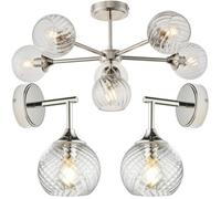 Loops 6 Light Semi Flush Ceiling & 2X Matching Wall Lights - Bright Nickel Clear Spiral Patterned Shade