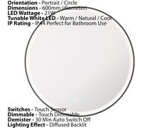 Loops 600mm IP44 MATT BLACK Round LED Bathroom Mirror & Demister Tunable White Border Loops Black