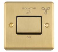 Loops 6A 3-Pole Fan Isolator Switch Satin Brass With Black Trim Single Gang 230-240V