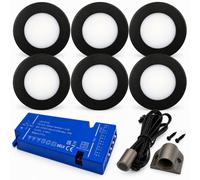 Loops 6X 24V Dimmable Black Super Slim Round Surface Mounted Led Under Cabinet Light And Driver Kit, Natural White 4000K