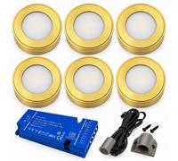 Loops 6X 24V Dimmable Brass Round Surface Mounted Led Under Cabinet Light And Driver Kit, 3 White Colours
