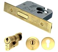 Loops 76mm Euro Deadlock & Cylinder Key Thumbturn Kit - Polished Brass Door Lock Pack