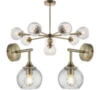 Loops 8 Light Pendant Lamp & 2X Matching Wall Lights - Antique Brass Clear Spiral Patterned Shade