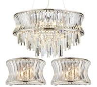 Loops 9 Light Hanging Ceiling Pendant & 2X Matching Wall Lights - Crystal Clear Glass Concave Dimmable Set