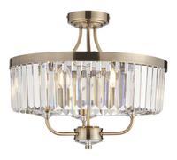 Loops Antique Brass Semi Flush Low Ceiling Light - Clear Cut Glass Shade - 3X 6W Led E14