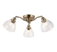 Loops Antique Brass Semi Flush Low Ceiling Light - Clear Multi Arm Glass - 3 X 7W Led E14