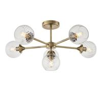 Loops Antique Brass Semi Flush Low Ceiling Light - Clear Spiral Multi Arm Glass - 6 X 7W Led E14