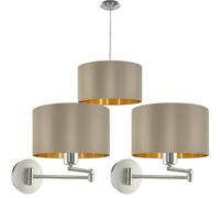 Ceiling Pendant & 2x Matching Wall Lights Taupe & Gold Fabric Feature Shade