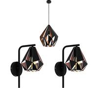 Loops Ceiling Pendant Light & 2X Matching Wall Lights - Black Copper Geometric Shade - Hanging Drop Adjustable Height Lamp Living Room Set Kit