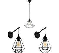Loops Ceiling Pendant Light & 2x Matching Wall Lights Black Geometric Cage Wire Lamp Loops Black