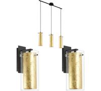 Loops Ceiling Pendant Light & 2x Matching Wall Lights Clear Glass & Gold Shade Lamp Loops Clear