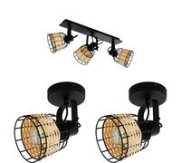 Loops Ceiling Spot Light & 2x Matching Wall Lights Black & Wicker Adjustable Shade Loops Black