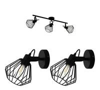 Loops Ceiling Spot Light & 2x Matching Wall Lights Black Wire Cage Adjustable Lamp Loops Black