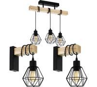 Loops Ceiling Spot Light & 2x Matching Wall Lights Black Wire Cage & Wood Trendy Lamp Loops Black