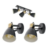 Loops Ceiling Spot Light & 2x Matching Wall Lights Black & Wood Adjustable Shade Loops Black