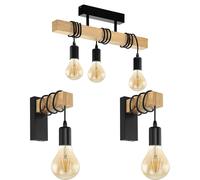 Loops Ceiling Spot Light & 2x Matching Wall Lights Black & Wood Trendy Hanging Lamp Loops Black