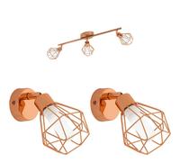Loops Ceiling Spot Light & 2x Matching Wall Lights Copper Geometric Wire Cage Shade Loops Copper