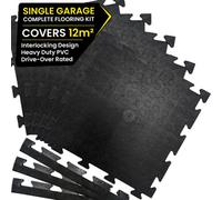 Loops Coinect Single Garage Floor Kit (12M²) Heavy Duty Black Pvc Interlocking Tiles 470X470X12mm, 55 Tiles + 6 Ramped Trims