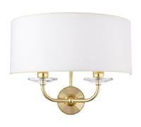Loops Dimmable Twin Wall Light Brass Glass White Fabric Shade Curved Arm Lamp Fitting Loops White