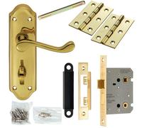 Loops Door Handle & Bathroom Lock Pack Brass Victorian Scroll Lever Turn Backplate