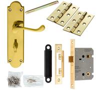 Loops Door Handle & Bathroom Lock Pack Brass Victorian Scroll Ornate Backplate in Metallics Loops Metallics