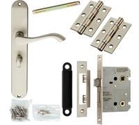 Loops Door Handle & Bathroom Lock Pack Satin Chrome Scroll Round Tall Slim Backplate