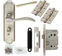 Loops Door Handle & Bathroom Lock Pack Satin Chrome Victorian Curved Ornate Backplate Loops Multicolor