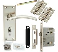 Loops Door Handle & Bathroom Lock Pack Satin Nickel Curved Arched Lever Backplate