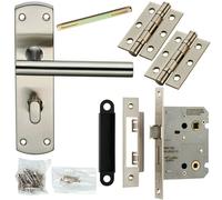 Loops Door Handle & Bathroom Lock Pack Satin Steel Modern Straight T Bar Backplate