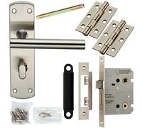 Loops Door Handle & Bathroom Lock Pack Satin Steel Modern Straight T Bar Backplate in Metallics Loops Metallics