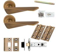 Loops Door Handle & Latch Pack - Antique Brass - Chunky Twist Bar Lever On Round Rose