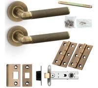 Loops Door Handle & Latch Pack - Antique Brass Mitred Knurled Bar Lever On Round Rose