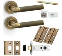 Loops Door Handle & Latch Pack - Antique Brass Mitred Knurled Bar Lever On Round Rose