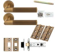 Loops Door Handle & Latch Pack - Antique Brass - Mitred Lined Reeded Lever On Round Rose